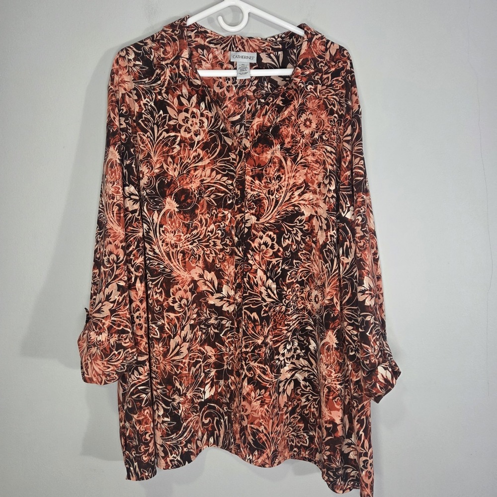 Catherines Womens Button Up Top 4X Dark Floral Paisley Roll Tab Sleeve Office